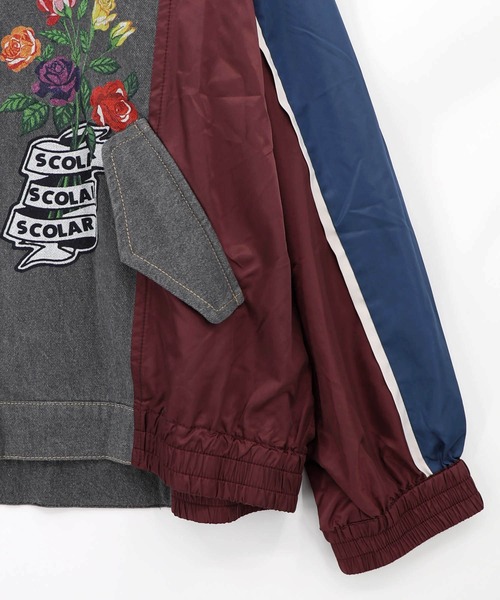 ScoLar(スカラー)の「163608:ワッペン風プリント 異素材配色デニムジャケット(ブルゾン・レディース・ブラック/ブルー・M)」の3枚目の写真