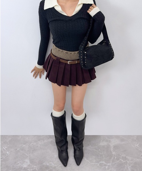 FOLLOWIN（フォロウィン）の「ベルト付きコーデュロイ切替プリーツミニスカート（スカート・レディース・ブラック/ブラウン/バーガンディー・SMALL/MEDIUM/LARGE）」の21枚目の写真