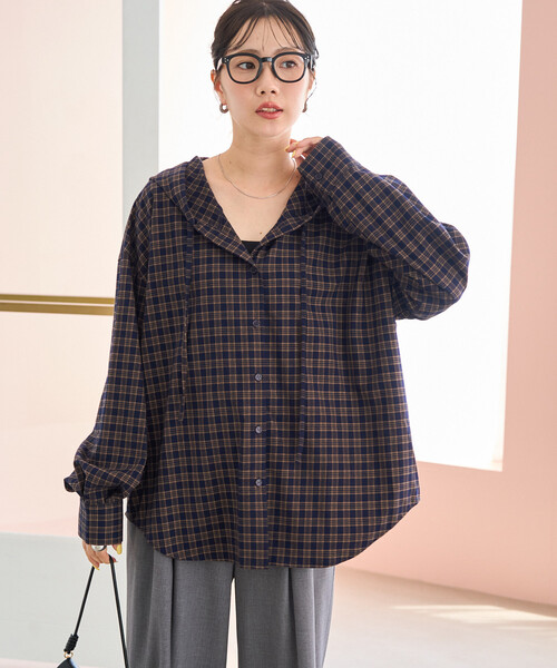 FREAK'S STORE(フリークスストア)の「限定展開 TR チェック フード ボタン オーバー シャツ プルオーバー(シャツ/ブラウス・レディース・ネイビー/サックスブルー/ブラウン・フリ-)」の14枚目の写真