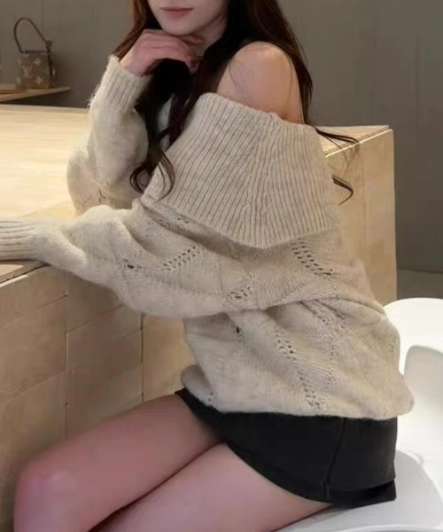 Vipoa（ヴィポア）の「loose off shoulder knit（ニット/セーター・レディース・アイボリー/グレー・FREE）」の3枚目の写真