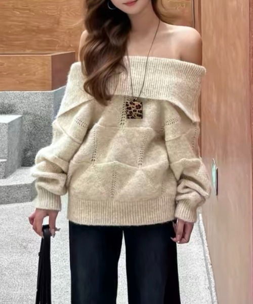 Vipoa（ヴィポア）の「loose off shoulder knit（ニット/セーター・レディース・アイボリー/グレー・FREE）」の8枚目の写真
