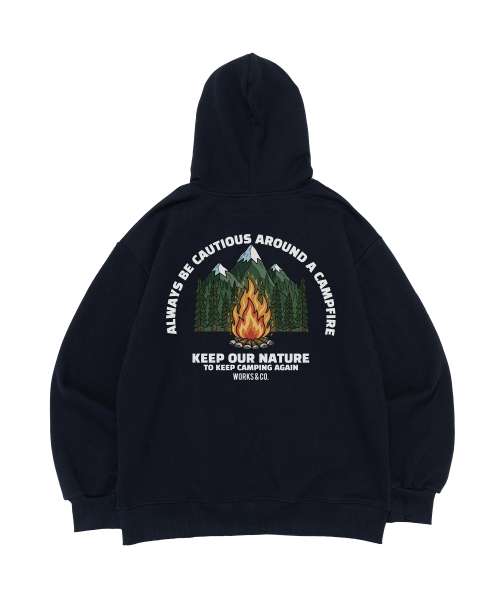 WORKS & CO.(ワークス アンド コー)の「CAMP FIREフードTシャツ(ネイビー)(パーカー・レディース・その他・M-L/S-M/L-XL/S/M/L/XL/XL-XXL)」の2枚目の写真