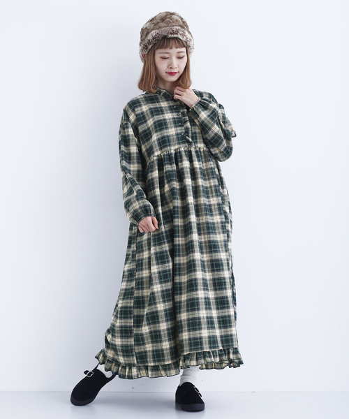 MERLOT（メルロー）の「チェック柄フリルディテールワンピース1757（ワンピース・レディース・ブラウン/レッド/グリーン・FREE）」の3枚目の写真