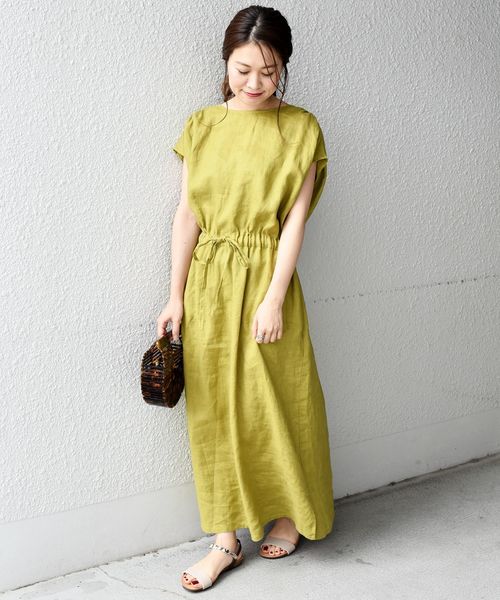 liflattie ships（リフラティ シップス）の「liflattie ships:リネンギャザーロングワンピース◇（ワンピース・レディース・ライトグリーン/ネイビー・SMALL/MEDIUM）」の4枚目の写真