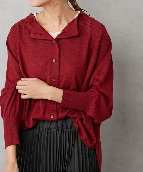 PUAL CE CIN（ピュアルセシン）の「イタリア糸プチボトルネックカーディガン（カーディガン/ボレロ・レディース・レッド/ベージュ/ネイビー/グリーン・FREE）」の4枚目の写真