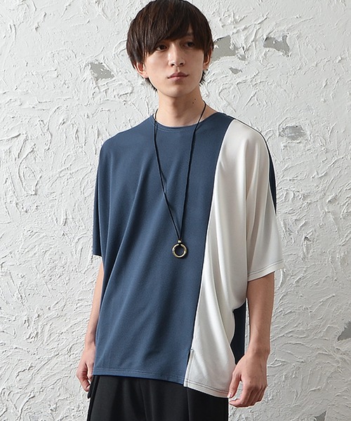 MinoriTY(マイノリティ)の「ビッグシルエット梨地素材バイカラー5分袖ドルマンスリーブTシャツ(Tシャツ/カットソー・メンズ・ブラック/ブルー/オフホワイト・M/L)」の3枚目の写真