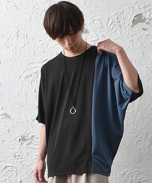 ビッグシルエット梨地素材バイカラー5分袖ドルマンスリーブTシャツ