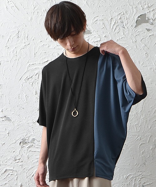 MinoriTY(マイノリティ)の「ビッグシルエット梨地素材バイカラー5分袖ドルマンスリーブTシャツ(Tシャツ/カットソー・メンズ・ブラック/ブルー/オフホワイト・M/L)」の2枚目の写真