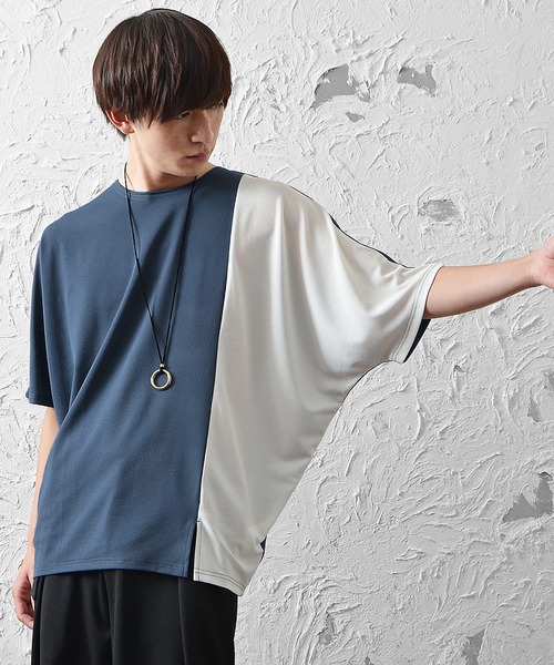 MinoriTY(マイノリティ)の「ビッグシルエット梨地素材バイカラー5分袖ドルマンスリーブTシャツ(Tシャツ/カットソー・メンズ・ブラック/ブルー/オフホワイト・M/L)」の4枚目の写真