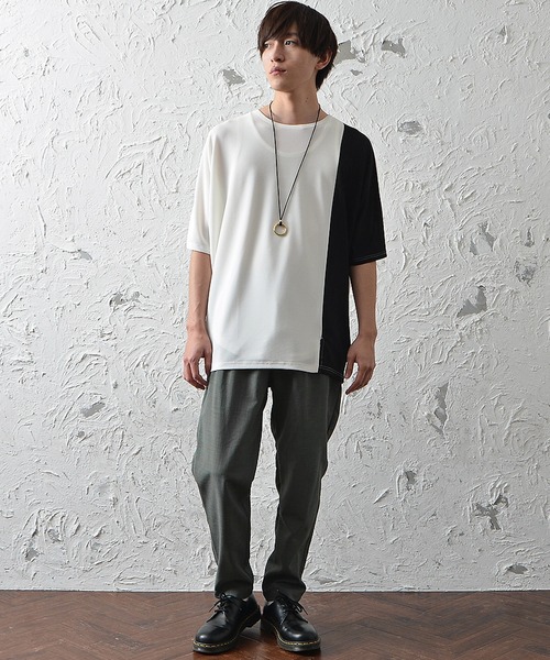 MinoriTY(マイノリティ)の「ビッグシルエット梨地素材バイカラー5分袖ドルマンスリーブTシャツ(Tシャツ/カットソー・メンズ・ブラック/ブルー/オフホワイト・M/L)」の14枚目の写真