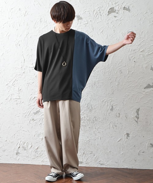 MinoriTY(マイノリティ)の「ビッグシルエット梨地素材バイカラー5分袖ドルマンスリーブTシャツ(Tシャツ/カットソー・メンズ・ブラック/ブルー/オフホワイト・M/L)」の16枚目の写真