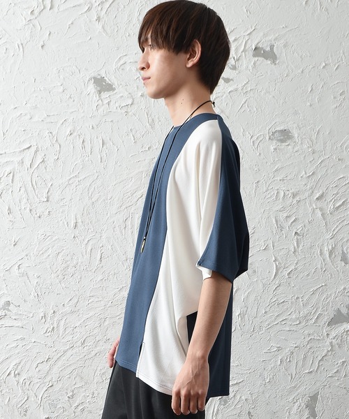 MinoriTY(マイノリティ)の「ビッグシルエット梨地素材バイカラー5分袖ドルマンスリーブTシャツ(Tシャツ/カットソー・メンズ・ブラック/ブルー/オフホワイト・M/L)」の6枚目の写真