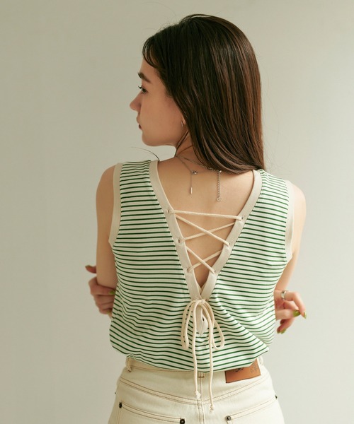 TINA：JOJUN（ティーナジョジュン）の「ボーダー ノースリ カットソー TINA：JOJUN（タンクトップ・レディース・グリーン/ネイビー・M）」の14枚目の写真