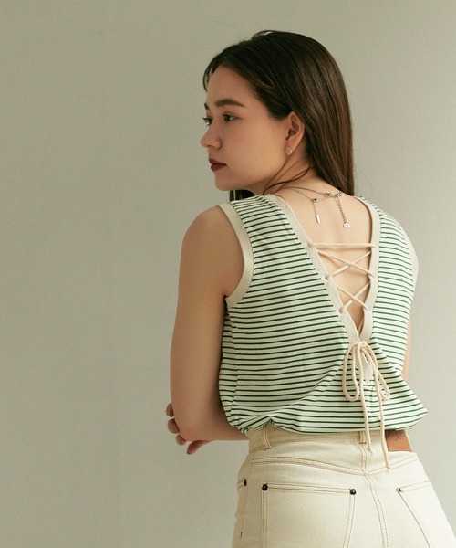 TINA：JOJUN（ティーナジョジュン）の「ボーダー ノースリ カットソー TINA：JOJUN（タンクトップ・レディース・グリーン/ネイビー・M）」の18枚目の写真