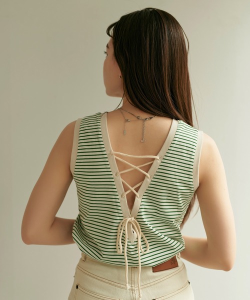 TINA：JOJUN（ティーナジョジュン）の「ボーダー ノースリ カットソー TINA：JOJUN（タンクトップ・レディース・グリーン/ネイビー・M）」の12枚目の写真