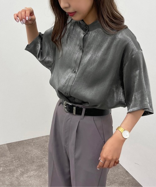 apres jour mignon(アプレジュールミニョン)の「ラメクロスシャツ【ZOZOTOWN限定アイテム】(シャツ/ブラウス・レディース・チャコールグレー/ダークブルー/パープル・X-LARGE/フリー)」の4枚目の写真