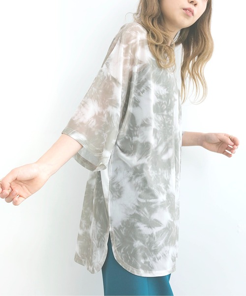 nemne store（ネンネストア）の「雲に隠れるタイダイ柄シアーTシャツ（Tシャツ/カットソー・レディース・ライトグレー/カーキ・F）」の3枚目の写真