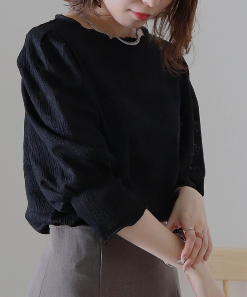 Cheek(チーク)の「ジャガードパフスリーブTOPS(Tシャツ/カットソー・レディース・ブラック/ブラウン/アイボリー・FREE)」の7枚目の写真