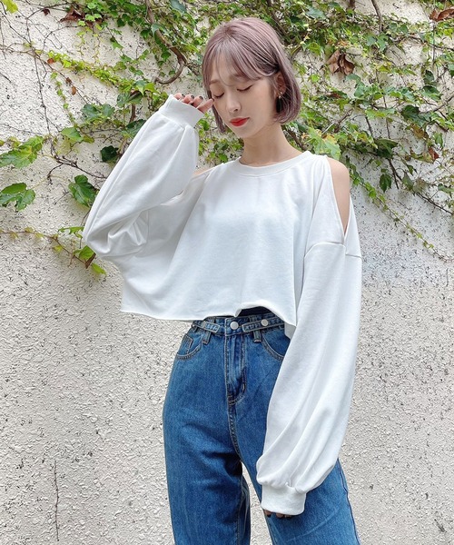 Voyage titty&Co.PETIT（ボヤージュティティアンドコープチ）の「【Voyage titty&Co.】オープンショルダースウェットPO（Tシャツ/カットソー・レディース・ホワイト/グリーン・FREE）」の6枚目の写真