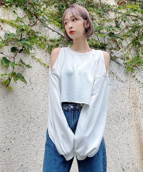 Voyage titty&Co.PETIT（ボヤージュティティアンドコープチ）の「【Voyage titty&Co.】オープンショルダースウェットPO（Tシャツ/カットソー・レディース・ホワイト/グリーン・FREE）」の4枚目の写真