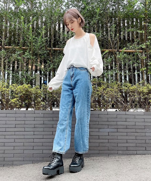 Voyage titty&Co.PETIT（ボヤージュティティアンドコープチ）の「【Voyage titty&Co.】オープンショルダースウェットPO（Tシャツ/カットソー・レディース・ホワイト/グリーン・FREE）」の5枚目の写真