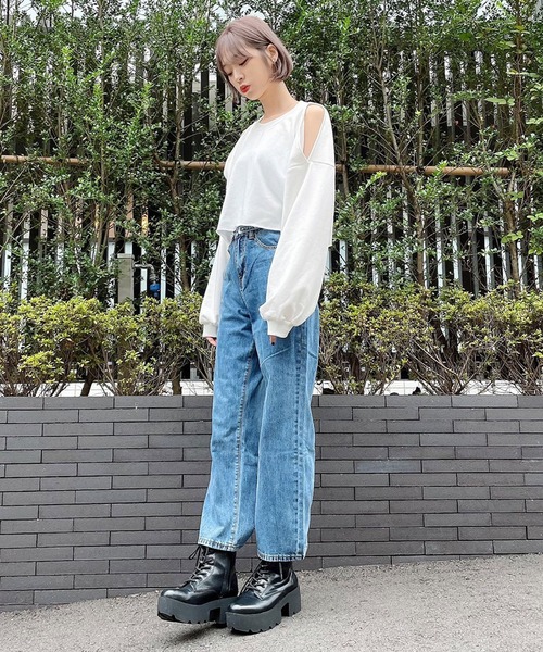 Voyage titty&Co.PETIT（ボヤージュティティアンドコープチ）の「【Voyage titty&Co.】オープンショルダースウェットPO（Tシャツ/カットソー・レディース・ホワイト/グリーン・FREE）」の3枚目の写真