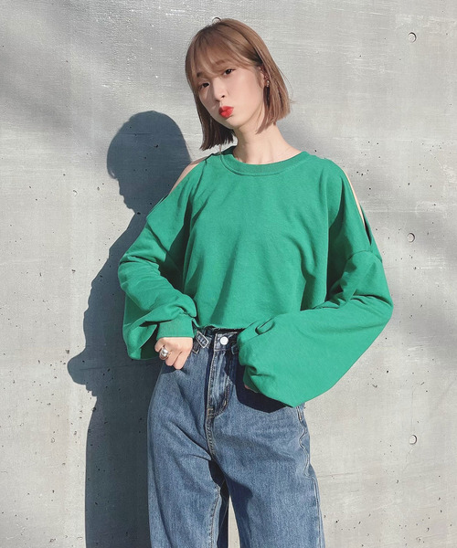 Voyage titty&Co.PETIT（ボヤージュティティアンドコープチ）の「【Voyage titty&Co.】オープンショルダースウェットPO（Tシャツ/カットソー・レディース・ホワイト/グリーン・FREE）」の14枚目の写真