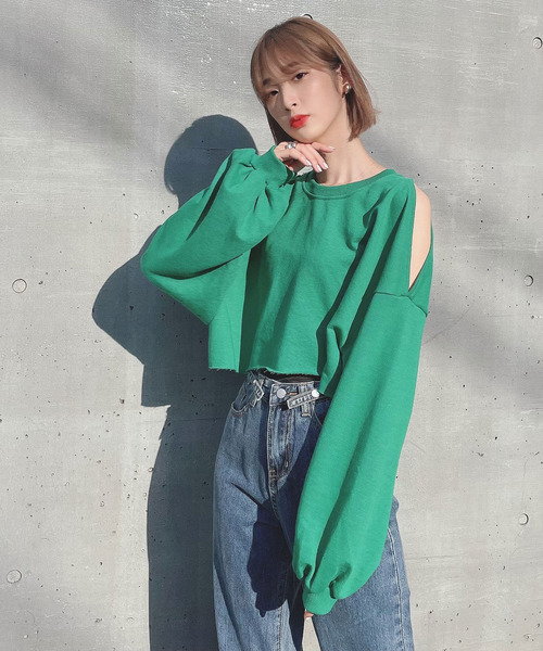 Voyage titty&Co.PETIT（ボヤージュティティアンドコープチ）の「【Voyage titty&Co.】オープンショルダースウェットPO（Tシャツ/カットソー・レディース・ホワイト/グリーン・FREE）」の13枚目の写真