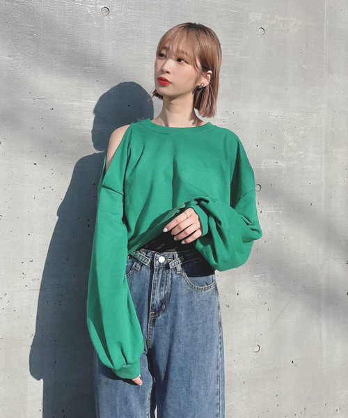 Voyage titty&Co.PETIT（ボヤージュティティアンドコープチ）の「【Voyage titty&Co.】オープンショルダースウェットPO（Tシャツ/カットソー・レディース・ホワイト/グリーン・FREE）」の12枚目の写真