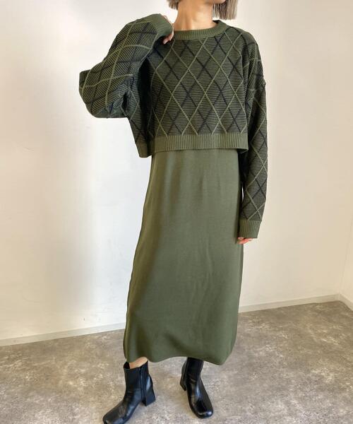 MLI'A(エムリア)の「柄ショートニット+ニットキャミワンピース/SET(ワンピース・レディース・ベージュ系1/ブラック×ホワイト/グリーン系7・M)」の3枚目の写真
