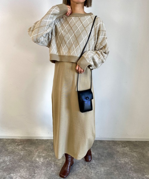 MLI'A(エムリア)の「柄ショートニット+ニットキャミワンピース/SET(ワンピース・レディース・ベージュ系1/ブラック×ホワイト/グリーン系7・M)」の12枚目の写真