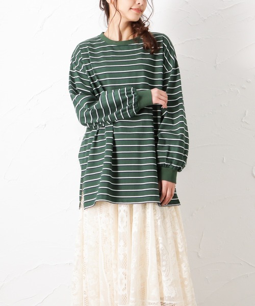 NAVY(ネイビー)の「袖リブボーダーロングスリーブTシャツ(Tシャツ/カットソー・レディース・ベージュ/アイボリー/グリーン/チャコール・フリー)」の4枚目の写真