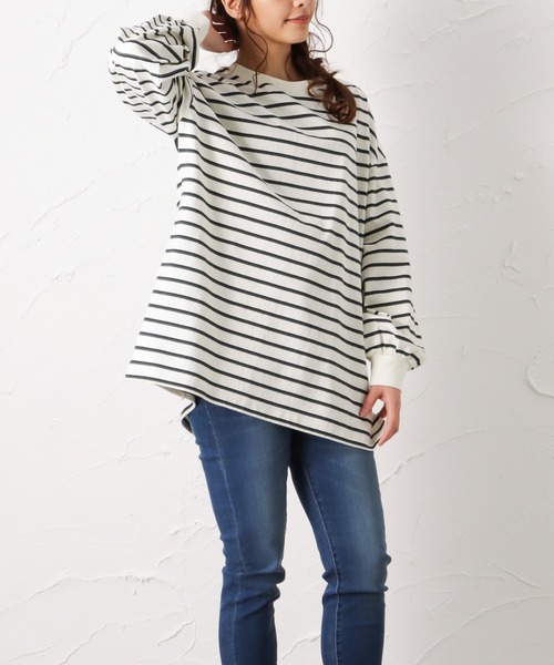 NAVY(ネイビー)の「袖リブボーダーロングスリーブTシャツ(Tシャツ/カットソー・レディース・ベージュ/アイボリー/グリーン/チャコール・フリー)」の8枚目の写真
