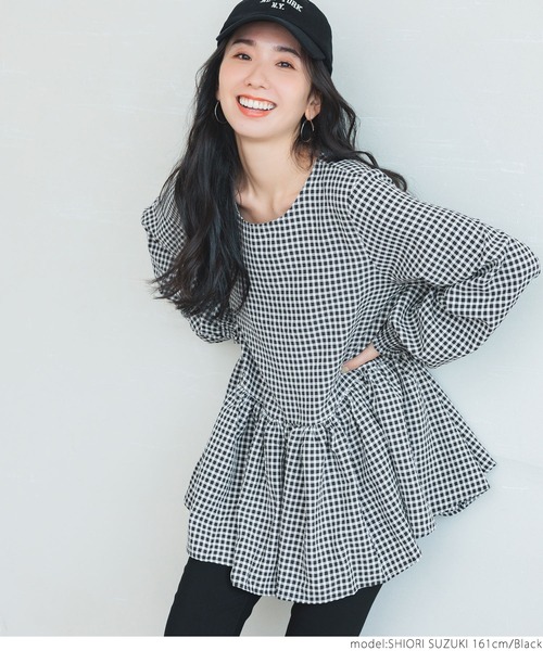 coca（coca）（コカ）の「ギンガムフレアブラウス（シャツ/ブラウス・レディース・ブラック・ONE SIZE）」の6枚目の写真