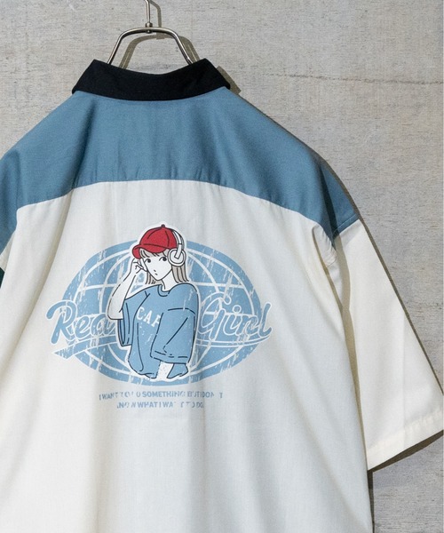 Red Cap Girl（レッドキャプガール）の「【a-r】〔Red Cap Girl/レッドキャップガール〕TCツイル ワッペン＆バックプリント”HEADPHONE GIRL"半袖シャツ（シャツ/ブラウス・メンズ・ブラック/マルチ/ホワイト/サックスブルー/グリーン・MEDIUM/LARGE）」の5枚目の写真