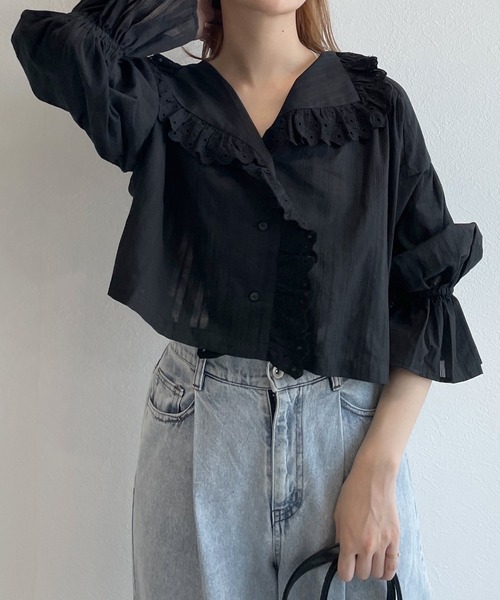 w closet（ダブルクローゼット）の「レースフリルカラーショートシャツ（シャツ/ブラウス・レディース・ブラック/オフホワイト/ピンク・FREE）」の11枚目の写真