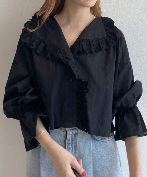 w closet（ダブルクローゼット）の「レースフリルカラーショートシャツ（シャツ/ブラウス・レディース・ブラック/オフホワイト/ピンク・FREE）」の12枚目の写真