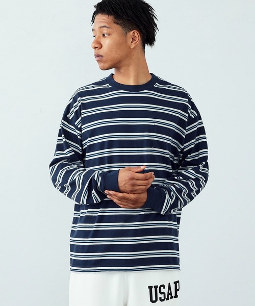 ALPHA（アルファ）の「ポケット付き ビッグシルエットボーダーTシャツ