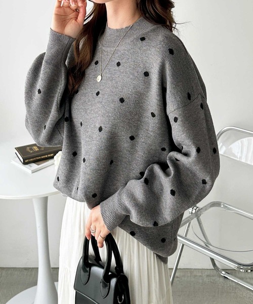GANGSTERVILE ドット柄ニットセーター　Lサイズ セール】【洗える/S-LL】 ドット柄が目を惹く ゆったりジャカード