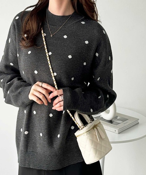 点と線　ブルー　ストラップ付き セール】【新色追加】ドット柄ニットプルオーバー（ニット/セーター