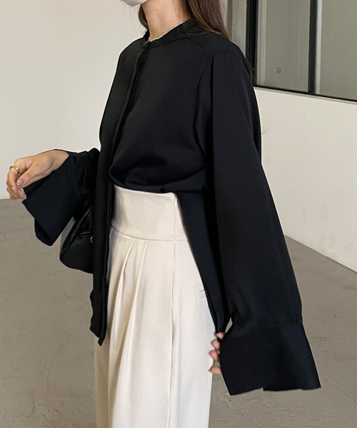 かぐれ　kagure バンドカラー　ブラウス　リネン　シャツ　パフスリーブ　比翼 かぐれ kagure バンドカラー ブラウス リネン シャツ