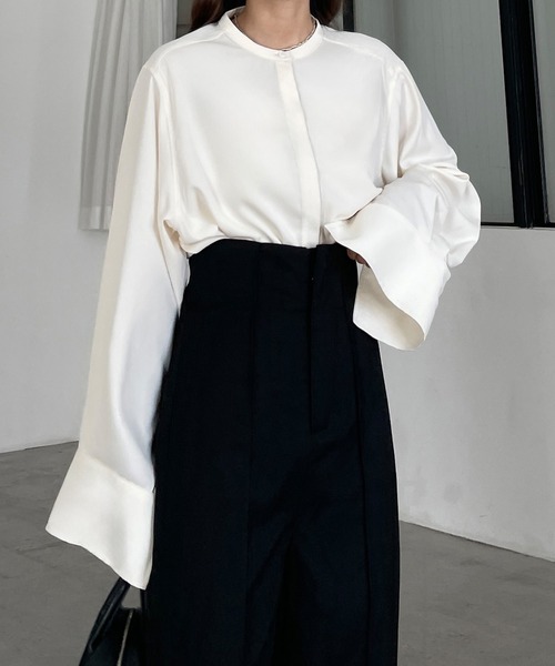 かぐれ　kagure バンドカラー　ブラウス　リネン　シャツ　パフスリーブ　比翼 かぐれ kagure バンドカラー ブラウス リネン シャツ