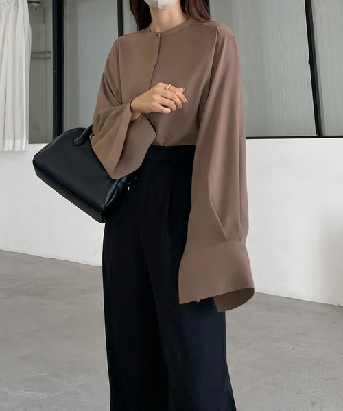 かぐれ　kagure バンドカラー　ブラウス　リネン　シャツ　パフスリーブ　比翼 かぐれ kagure バンドカラー ブラウス リネン シャツ