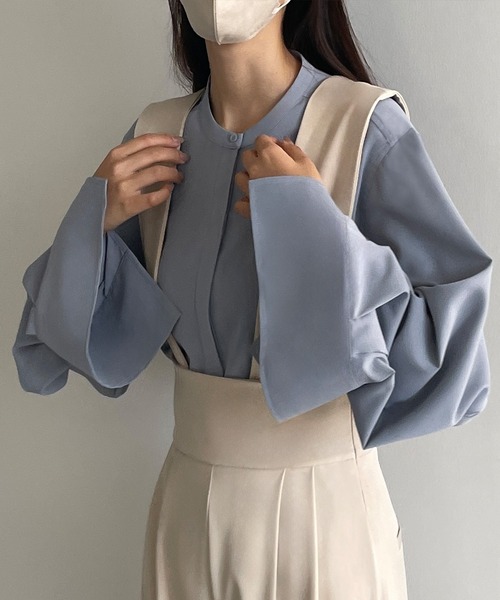 かぐれ　kagure バンドカラー　ブラウス　リネン　シャツ　パフスリーブ　比翼 かぐれ kagure バンドカラー ブラウス リネン シャツ