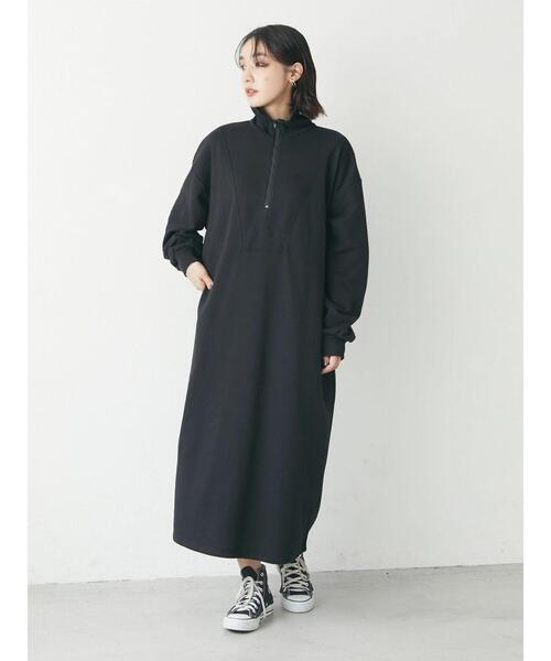 Green　Parks（グリーンパークス）の「ハーフZIP裏毛ワンピース＊（ワンピース・レディース・ダークグリーン/ブラック・FREE）」の13枚目の写真