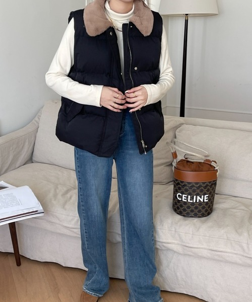 emi+（エミプラス）の「ボリュームファー襟ドッキング中綿ベスト（ダウンベスト・レディース・モカ/ベージュ/ブラック・FREE）」の4枚目の写真