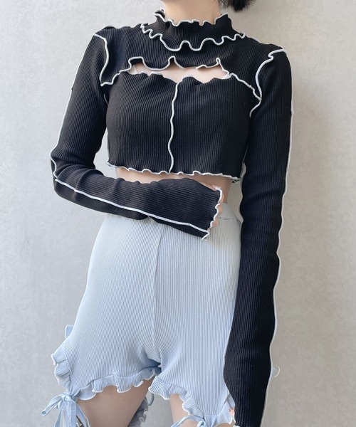 lilLilly(リルリリー)の「カットアウトショートリブトップス(Tシャツ/カットソー・レディース・ブラック/オレンジ/ブルー・FREE)」の6枚目の写真