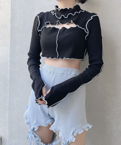 lilLilly(リルリリー)の「カットアウトショートリブトップス(Tシャツ/カットソー・レディース・ブラック/オレンジ/ブルー・FREE)」の8枚目の写真