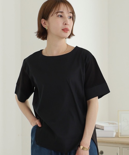 ElegChic(エレグシック)の「異素材切り替え半袖Tシャツ(Tシャツ/カットソー・レディース・ブラック/オフホワイト・M/XL/4L)」の1枚目の写真