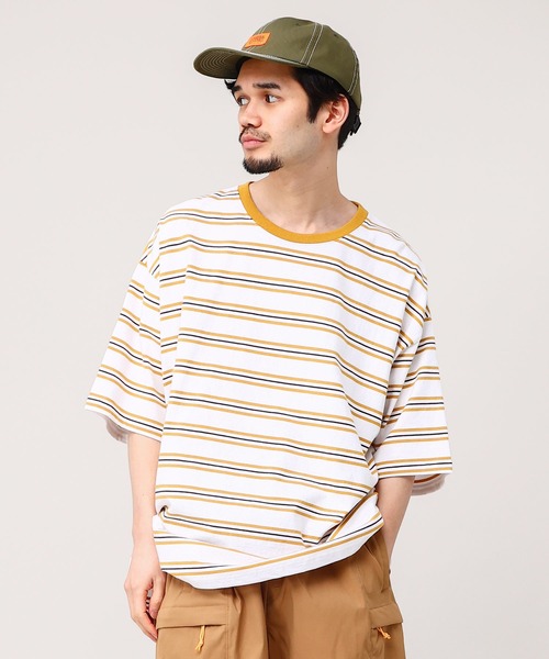 FIRST DOWN（ファーストダウン）の「ボーダー オーバーサイズ ユニセックス Tシャツ（Tシャツ/カットソー・メンズ・ホワイト×ブラック/ブラウン/イエロー・L/M/LL）」の3枚目の写真